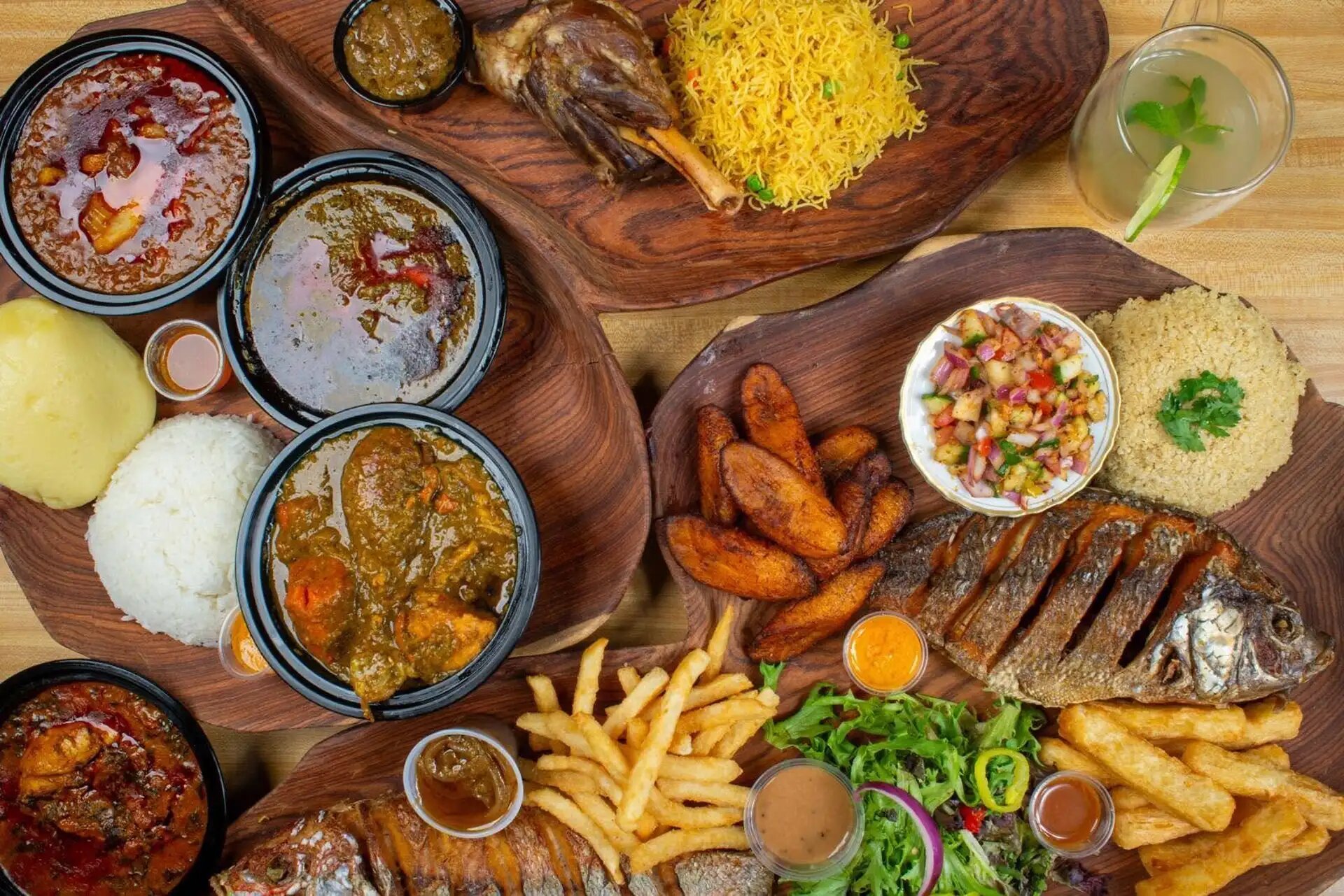 Senegalese platters with fish, plantains, and stews