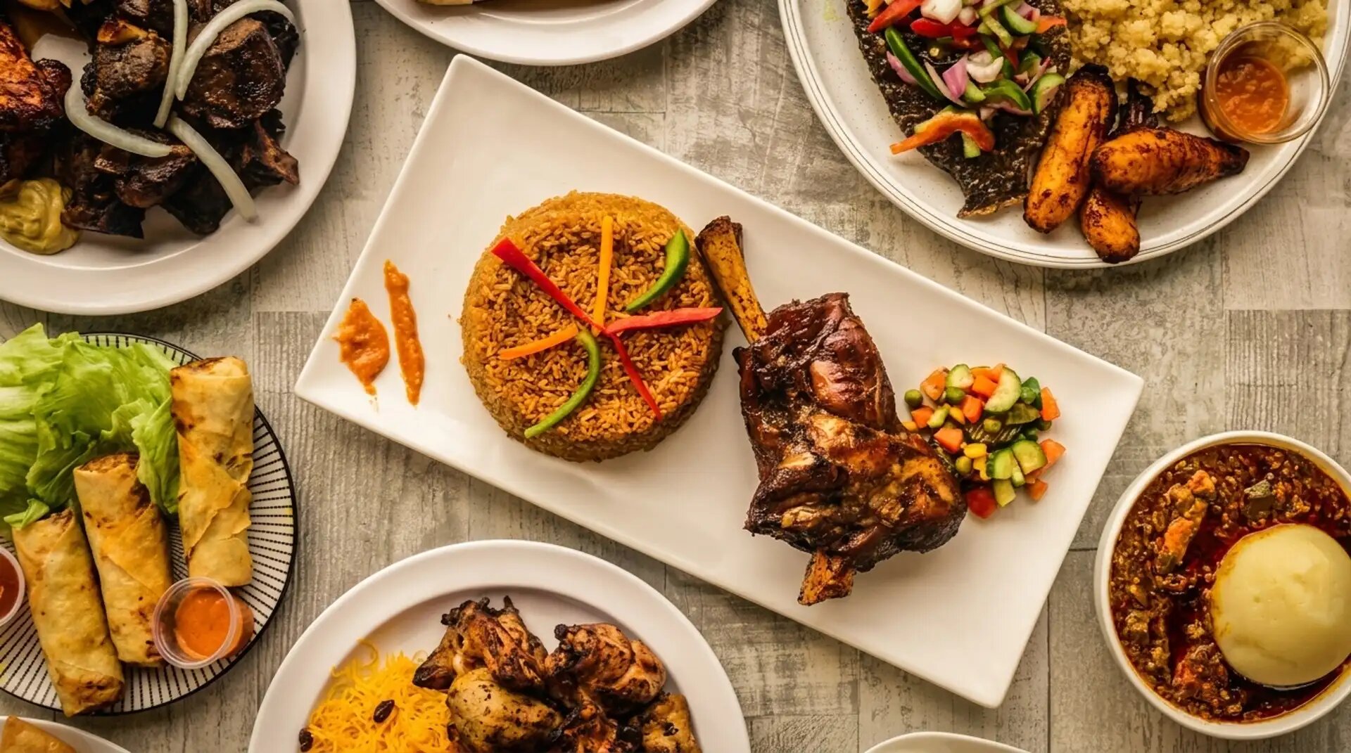 A table of Senegalese dishes at Saint Louis Saveurs